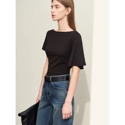 T-shirt minimaliste asymétrique à col slash pour femme