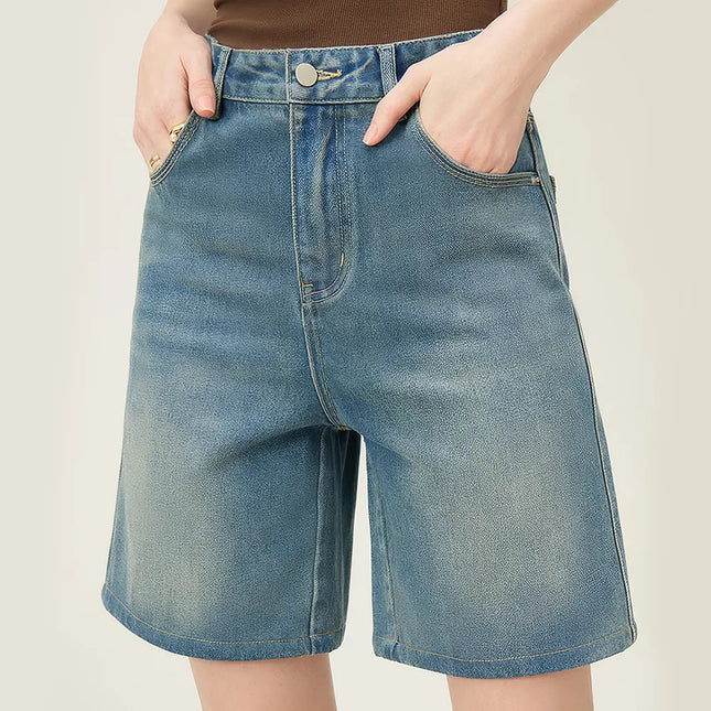 Short en jean taille haute délavé vintage