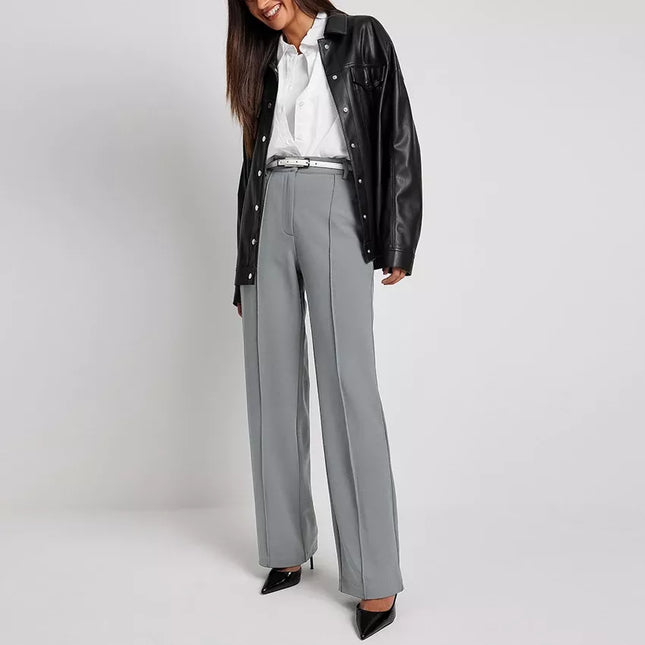 Pantalones elegantes de cintura alta con pliegues y pierna ancha para mujer