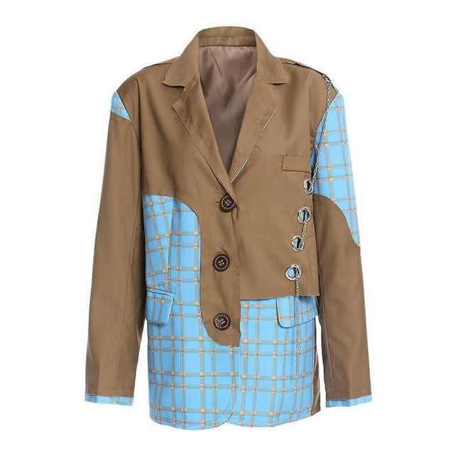 Elegante blazer de cuadros con detalle de cadena para mujer en invierno
