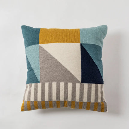 45x45in Geometric Embroidered Cotton Cushion Cover - Blue, Yellow, Grey Abstract Design