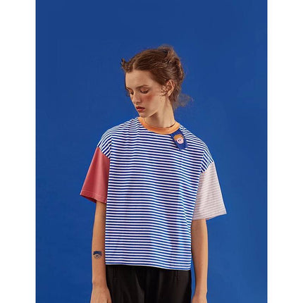 Summer Striped Loose-Fit T-Shirt with Cartoon Patch Detail