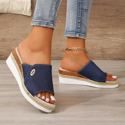 Sandalias de cuña de lona vaquera para mujer, zapatos de tacón alto de cáñamo a la moda para verano, con suela gruesa y boca de pescado para exteriores