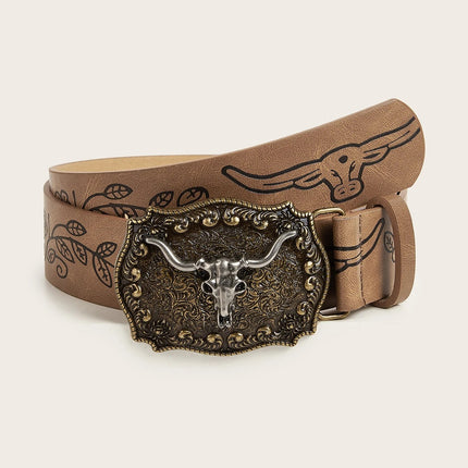 Ceinture en cuir PU imprimé avec boucle de cowboy western vintage