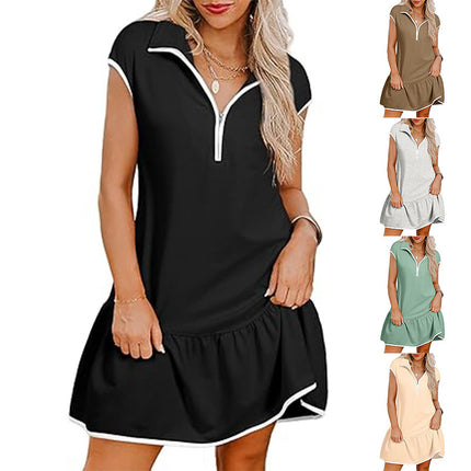 Women's Short Sleeve Polo Collar Zipper Waist Dress