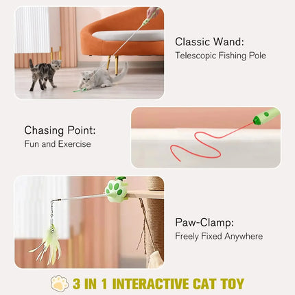 Jouet interactif rétractable pour chat avec laser, plume et baguette télescopique pour chats