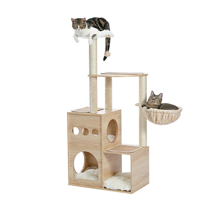 Árbol para gatos de madera con postes rascadores de sisal, acogedor apartamento y hamaca