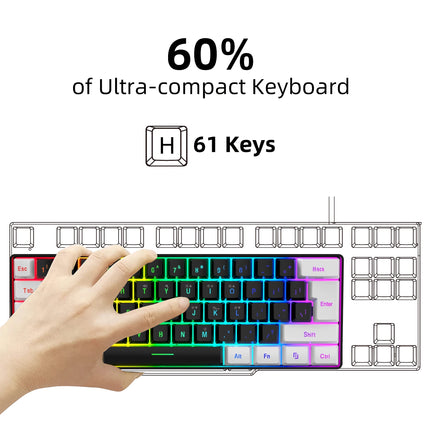 Ensemble clavier et souris de jeu filaire 60 % - Rétroéclairage RVB, léger, ergonomique pour ordinateur portable