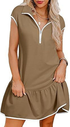 Robe à manches courtes et col polo pour femme avec fermeture éclair à la taille