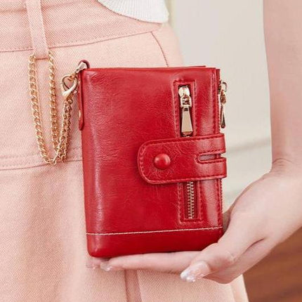 Cartera corta de piel sintética de alta calidad para mujer con cadena