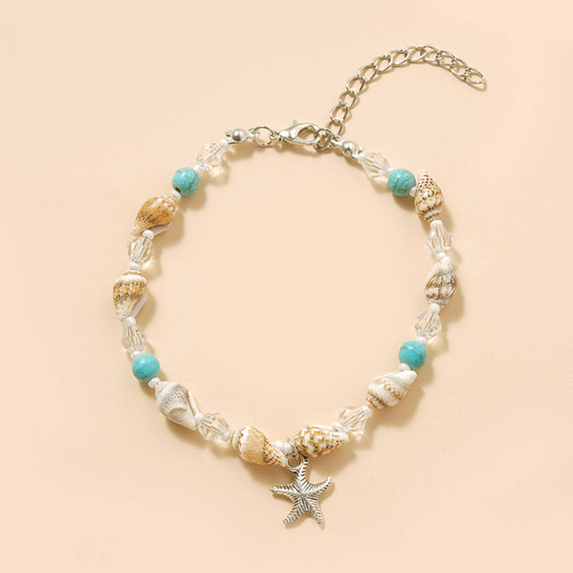 Tobillera encantadora con cuentas de piedra verde y estrellas de mar para mujer