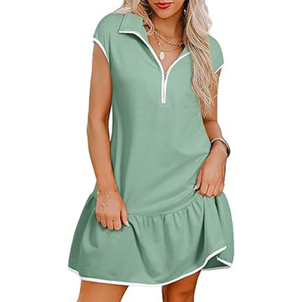 Women's Short Sleeve Polo Collar Zipper Waist Dress