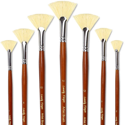 7-Piece Natural Hog Bristle Fan Brush Set for Acrylic, Watercolor, and Oil Painting