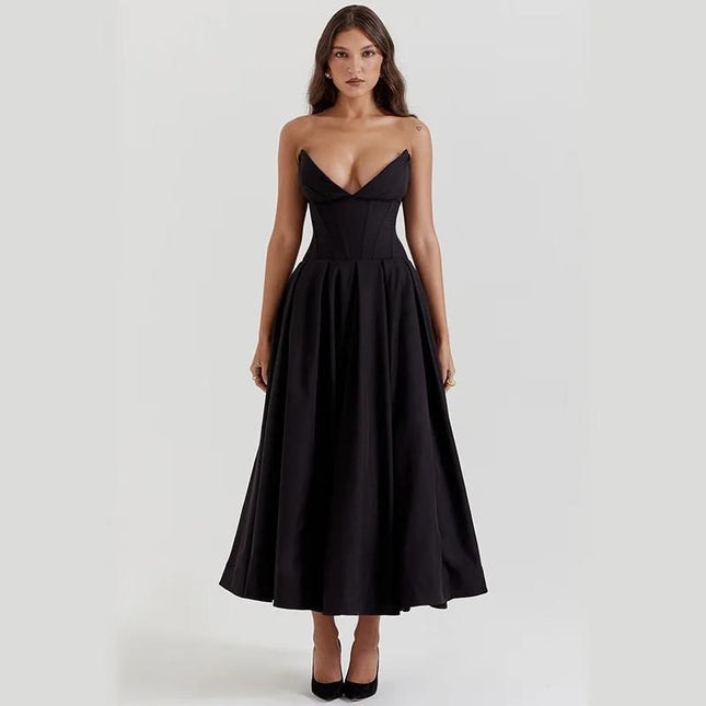 Elegante vestido midi de corte A con espalda descubierta para mujer