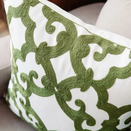 Housse de coussin brodée géométrique verte - 18x18 pouces, toile de coton