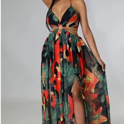 Womens Floral Print Backless Side-Slit Dress