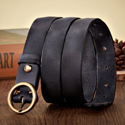 Ceinture en cuir véritable pour femme de 2,5 cm avec boucle ronde en cuivre de luxe - Sangle de taille simple aux couleurs acidulées