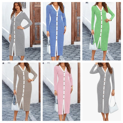 Striped Women's Long Sleeve Mid-length Dress Decoration