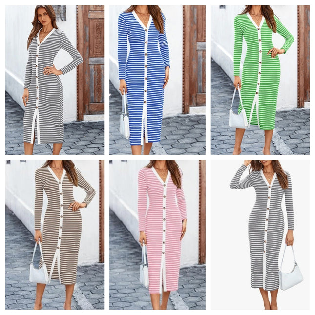 Robe mi-longue à manches longues pour femme à rayures décoratives