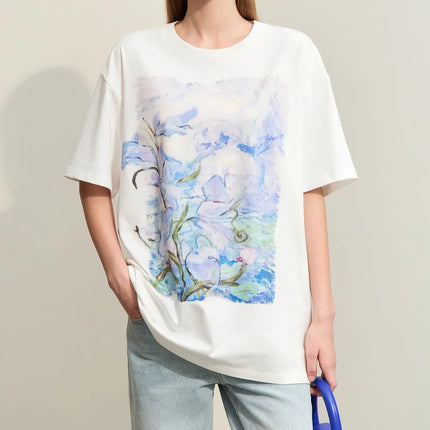 Camiseta de algodón con estampado de arte minimalista para mujer: camiseta informal de manga corta