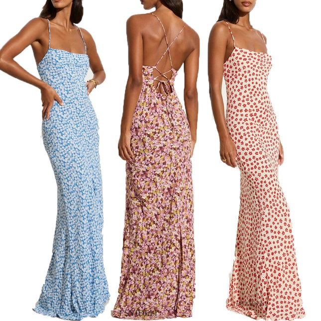 Robe à lacets dos nu avec imprimé à bretelles fendues pour femme