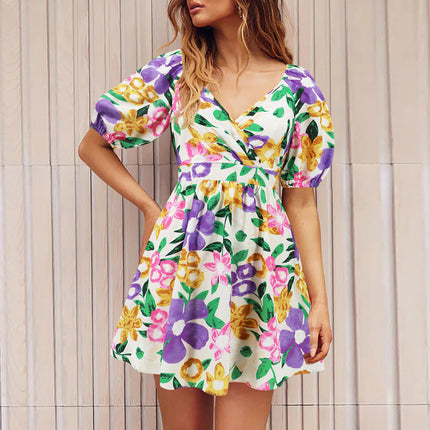 Vestido con cuello en V y mangas abullonadas con estampado de flores Y2K para vacaciones de verano, vestidos cortos de playa, ropa de moda para mujer