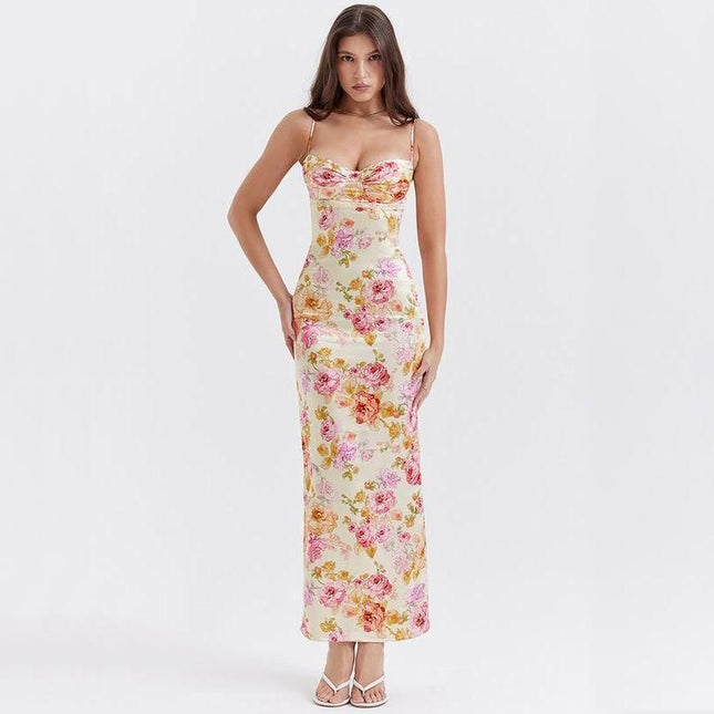 Vestido midi con estampado floral, tirantes finos y espalda descubierta