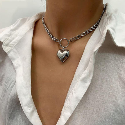 Gargantilla punk con colgante de corazón: collar de cadena de eslabones de metal de moda para mujer