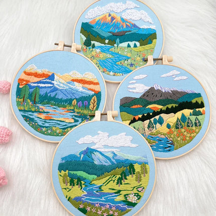 Kit de broderie de paysage DIY avec motif imprimé et cerceau en plastique