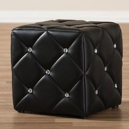 Contemporary Black Faux Leather Ottoman with Faux Crystal Tufting - Wnkrs