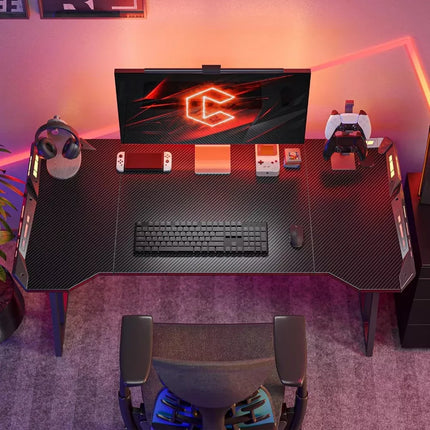 Z-Shaped 55" Gaming Desk with Carbon Fiber Surface and LED Lighting - Wnkrs