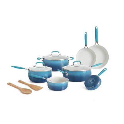 12-Piece Porcelain Enamel Ceramic Cookware Set in Ombre Teal - Wnkrs