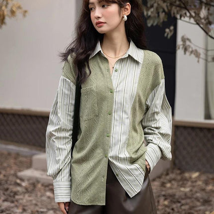 Blusa informal de cuello vuelto a rayas con retazos de punto coreano de otoño para mujer