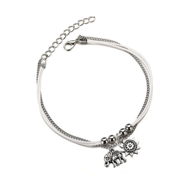 Tobillera de doble capa con elefante y estrella bohemia para mujer