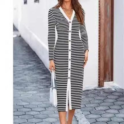 Striped Women's Long Sleeve Mid-length Dress Decoration