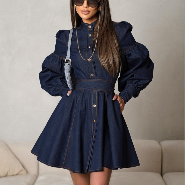 Robe chemise en jean à lacets et manches lanternes