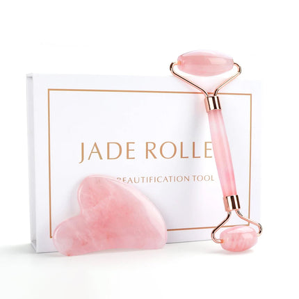 Ensemble rouleau de jade et gua sha en quartz rose naturel