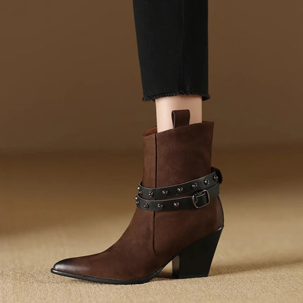 Botas elegantes de piel con tacón grueso y punta puntiaguda para mujer