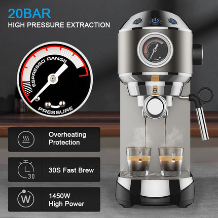 Cafetera espresso semiautomática de 20 bares con varilla espumadora de leche