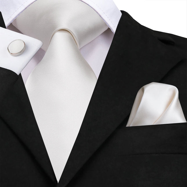 Ensemble cravate classique en soie blanche avec pochette et boutons de manchette
