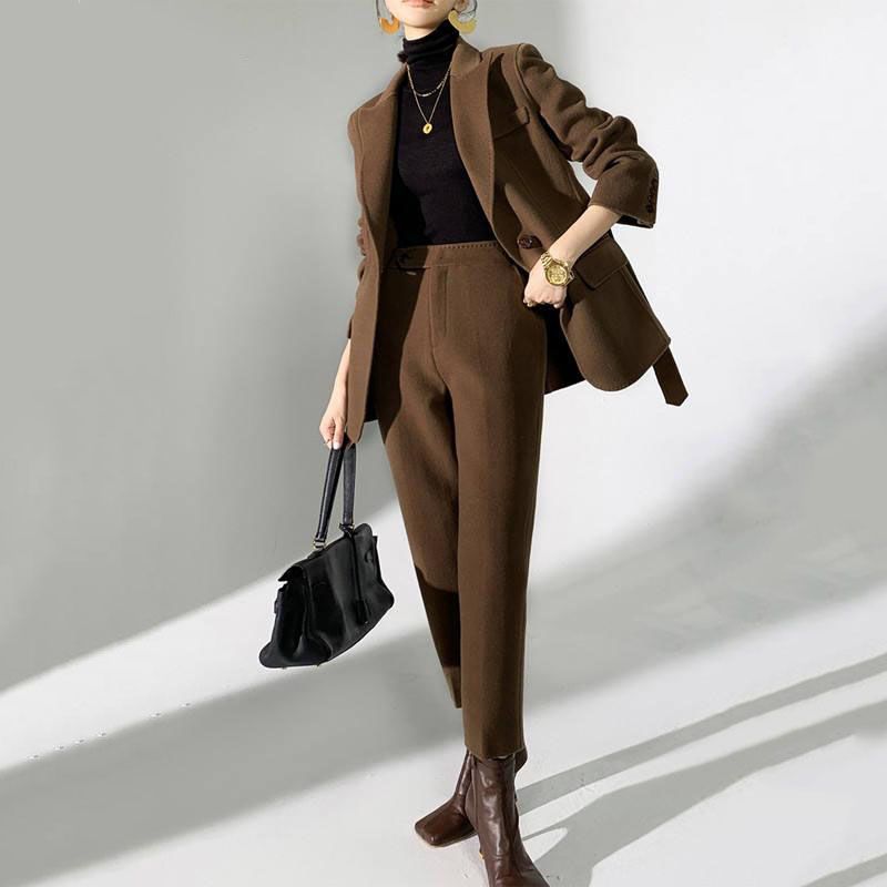Autumn Winter Pant Suit with Belted Jacket and Trousers for Women