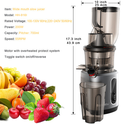 Exprimidor de prensado en frío con tolva de alimentación de 3 pulgadas, extractor de jugo de masticación lenta de 200 W