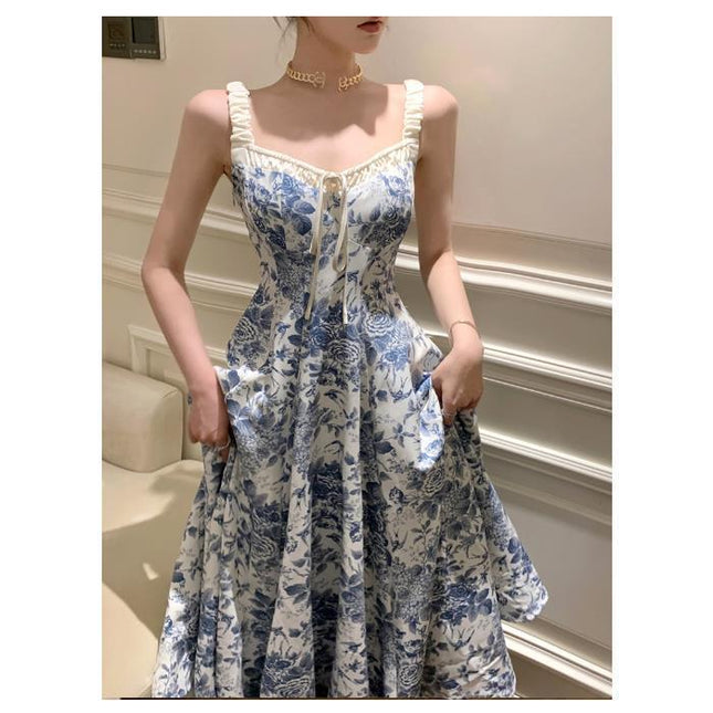 Robe à bretelles florale pour femme à la mode rétro