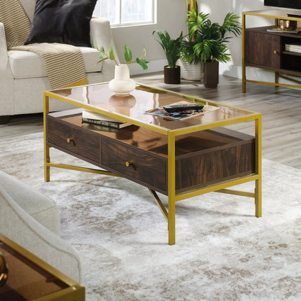 Glamorous Glass-Top Metal and Wood Coffee Table with Storage - Wnkrs