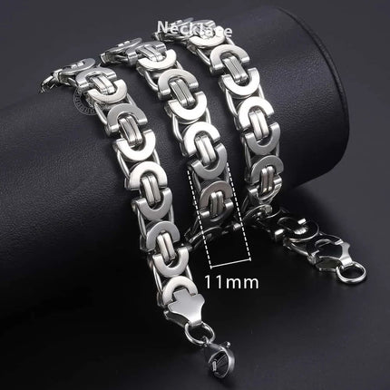 11mm Stainless Steel Flat Byzantine Link Chain Necklace - Wnkrs