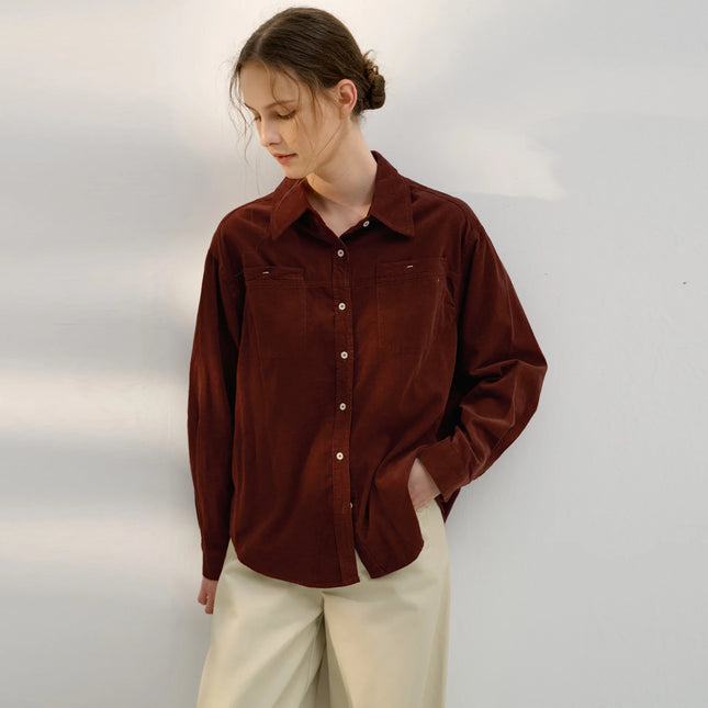 Chemise décontractée à manches longues en velours côtelé 100 % coton pour femme