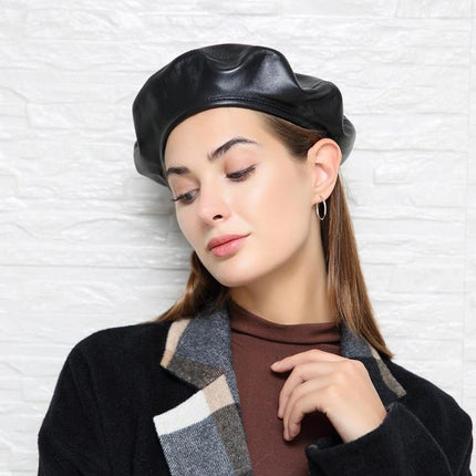 Béret rétro en cuir véritable pour femme