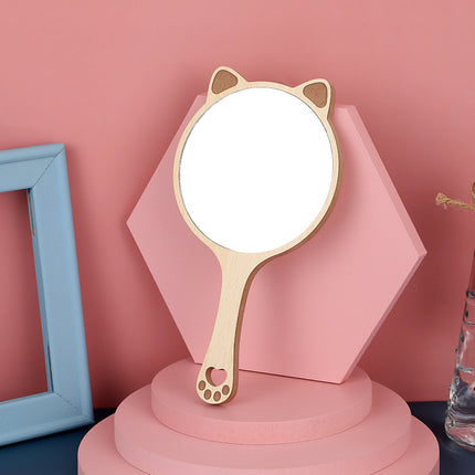 Charmant miroir de maquillage à main en bois avec un joli motif d'oreille de chat