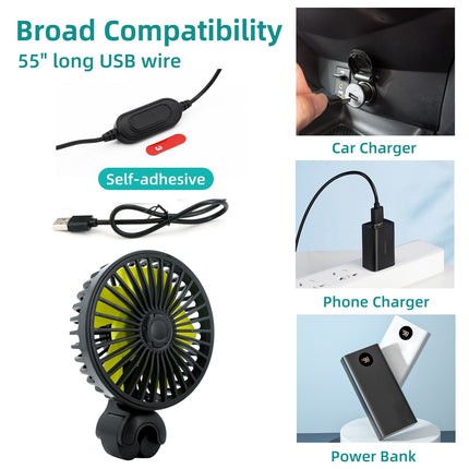 Ventilador portátil para coche con puerto USB y 3 configuraciones de viento