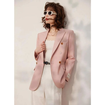 Blazer cruzado rosa primaveral para mujer: chaqueta de traje de oficina elegante